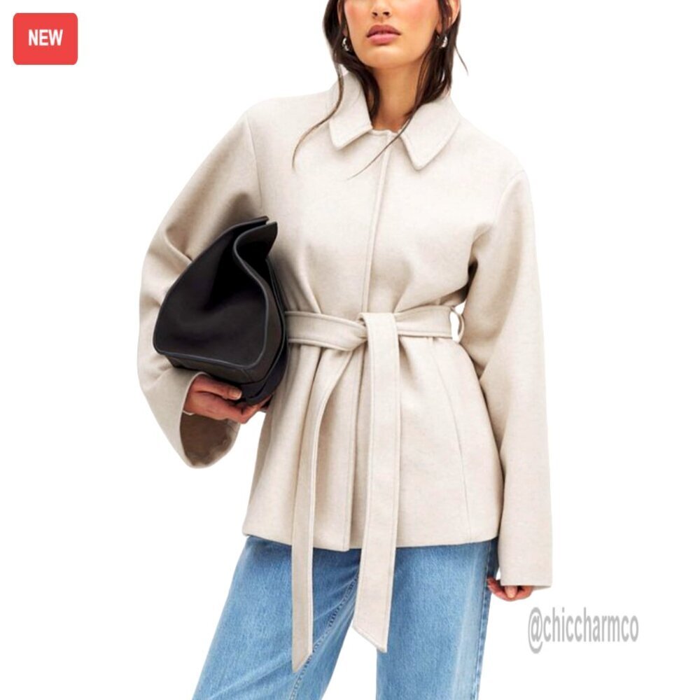 Wool Blend Peacoat Short Overcoat Button Tie Belt Classic Tailored Winter Coat
